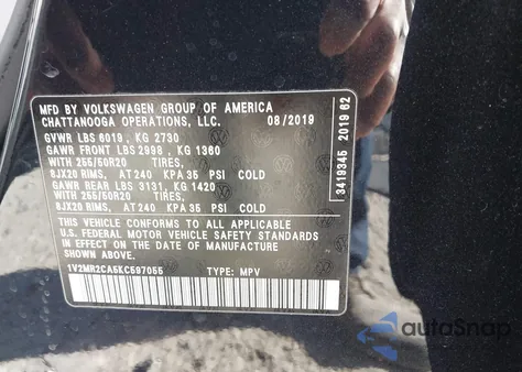 2019 Volkswagen Atlas 3.6L V6 Sel из США, поврежденный, VIN 1V2MR2CA5KC597055